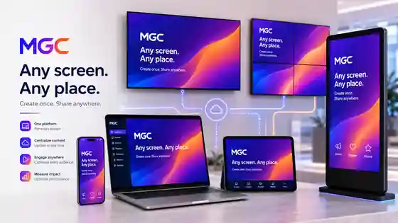 MGC platform connected to phones, tablets, laptops, TVs, kiosks and commercial displays